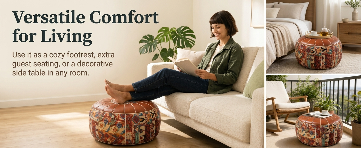 HASTHIP Round Synthetic Leather Pouf Cover, Unfilled Moroccan Boho Style in Coffee Brown