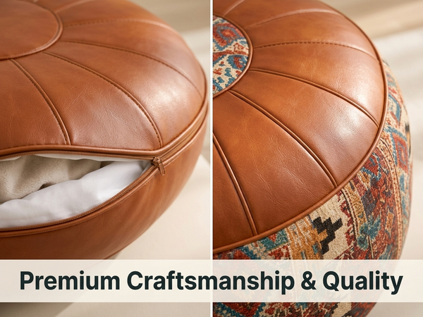 HASTHIP Round Synthetic Leather Pouf Cover, Unfilled Moroccan Boho Style in Coffee Brown
