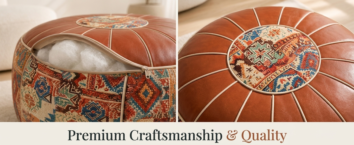 HASTHIP Round Synthetic Leather Pouf Cover, Unfilled Moroccan Boho Style in Coffee Brown