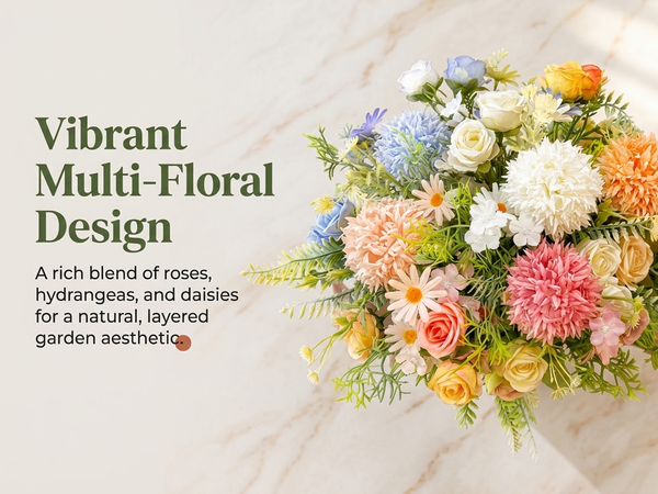 HASTHIP Faux Rose and Silk Hydrangea Bouquet with 7 Branches and 31CM Flexible UV-Resistant Stems