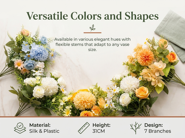 HASTHIP Faux Rose and Silk Hydrangea Bouquet with 7 Branches and 31CM Flexible UV-Resistant Stems