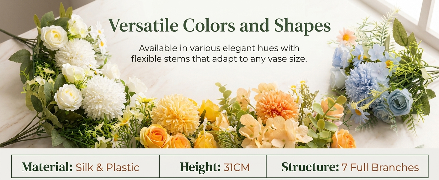 HASTHIP Faux Rose and Silk Hydrangea Bouquet with 7 Branches and 31CM Flexible UV-Resistant Stems