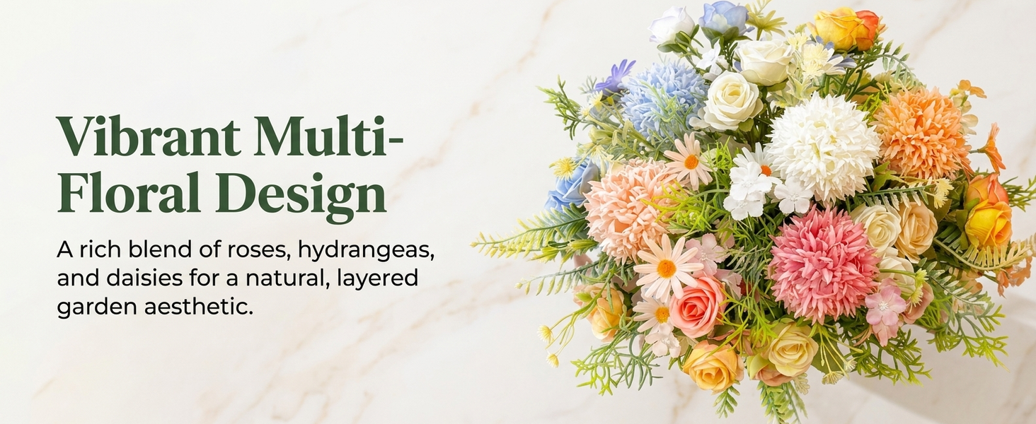 HASTHIP Faux Rose and Silk Hydrangea Bouquet with 7 Branches and 31CM Flexible UV-Resistant Stems