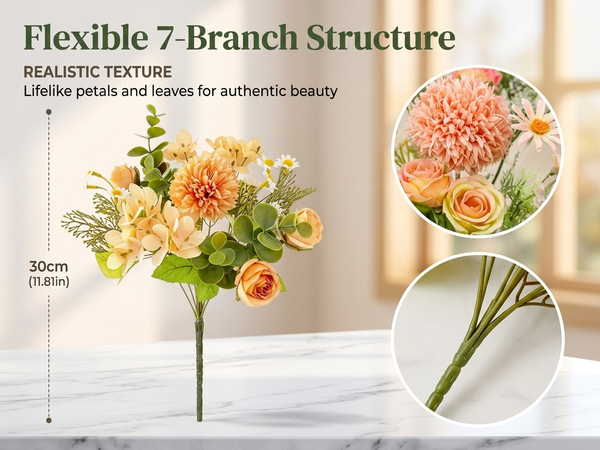 HASTHIP Faux Rose and Silk Hydrangea Bouquet with 7 Branches and 31CM Flexible UV-Resistant Stems