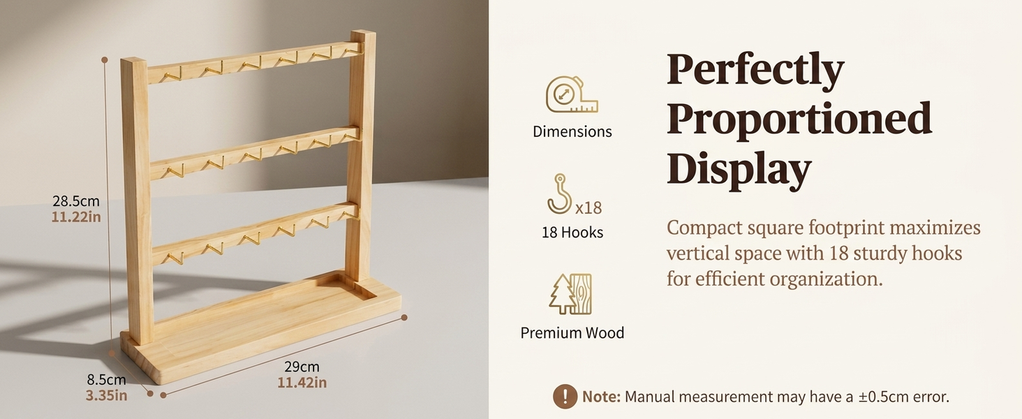 HASTHIP Wood Keychain Display Stand with 18 Hooks, 3-Tier Square Rack and Grooved Base
