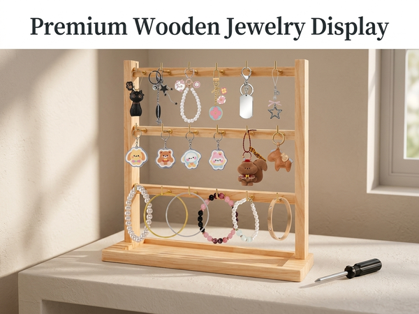 HASTHIP Wood Keychain Display Stand with 18 Hooks, 3-Tier Square Rack and Grooved Base