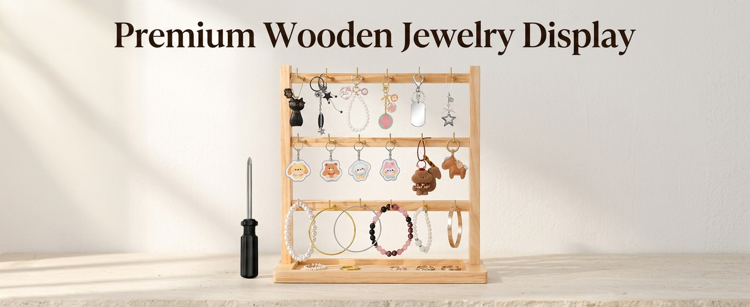 HASTHIP Wood Keychain Display Stand with 18 Hooks, 3-Tier Square Rack and Grooved Base
