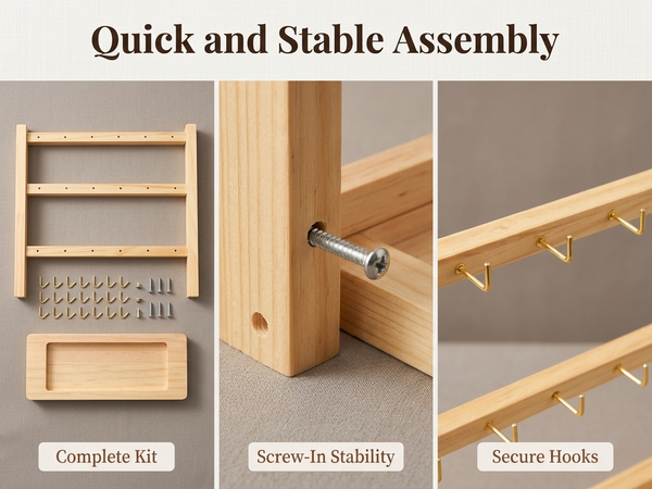 HASTHIP Wood Keychain Display Stand with 18 Hooks, 3-Tier Square Rack and Grooved Base