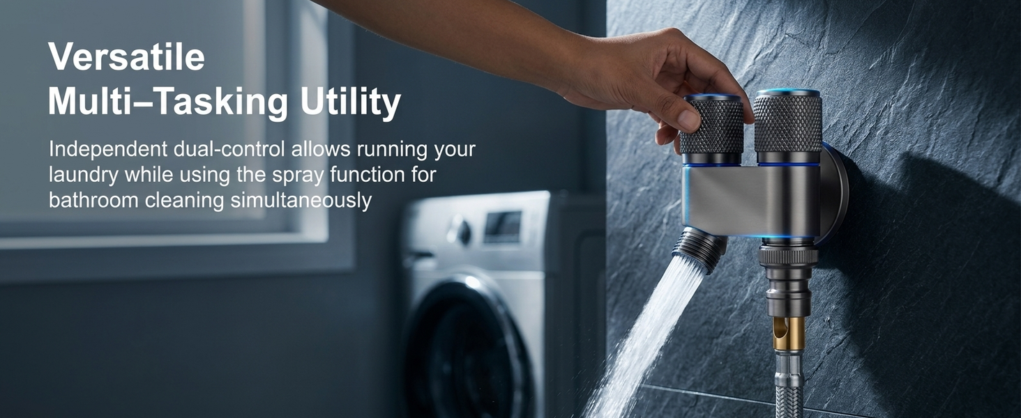 HASTHIP Stainless Steel Dual Outlet Washing Machine Tap with 2-in-1 Angle Valve and Spray Function