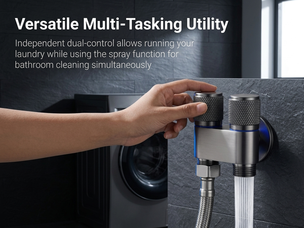 HASTHIP Stainless Steel Dual Outlet Washing Machine Tap with 2-in-1 Angle Valve and Spray Function