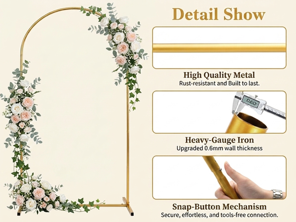 HASTHIP Round Backdrop Stand Gold Metal Circle Arch Stable Rectangular Base and Snap Fit