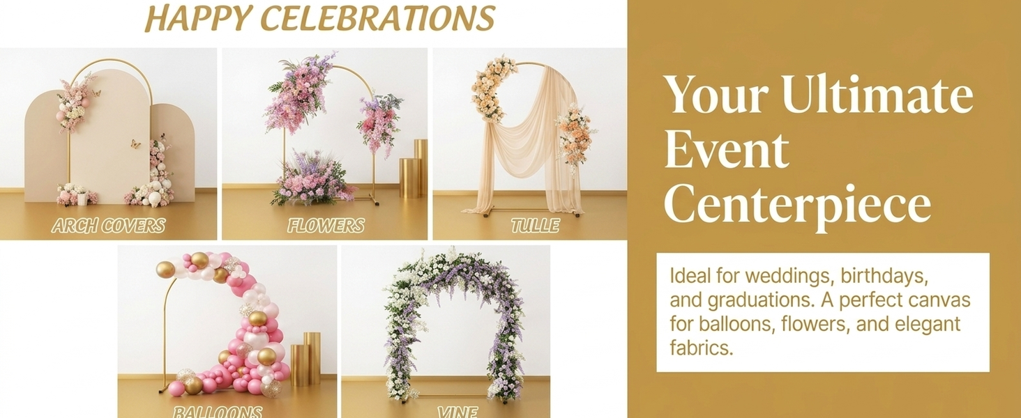 HASTHIP Round Backdrop Stand Gold Metal Circle Arch Stable Rectangular Base and Snap Fit
