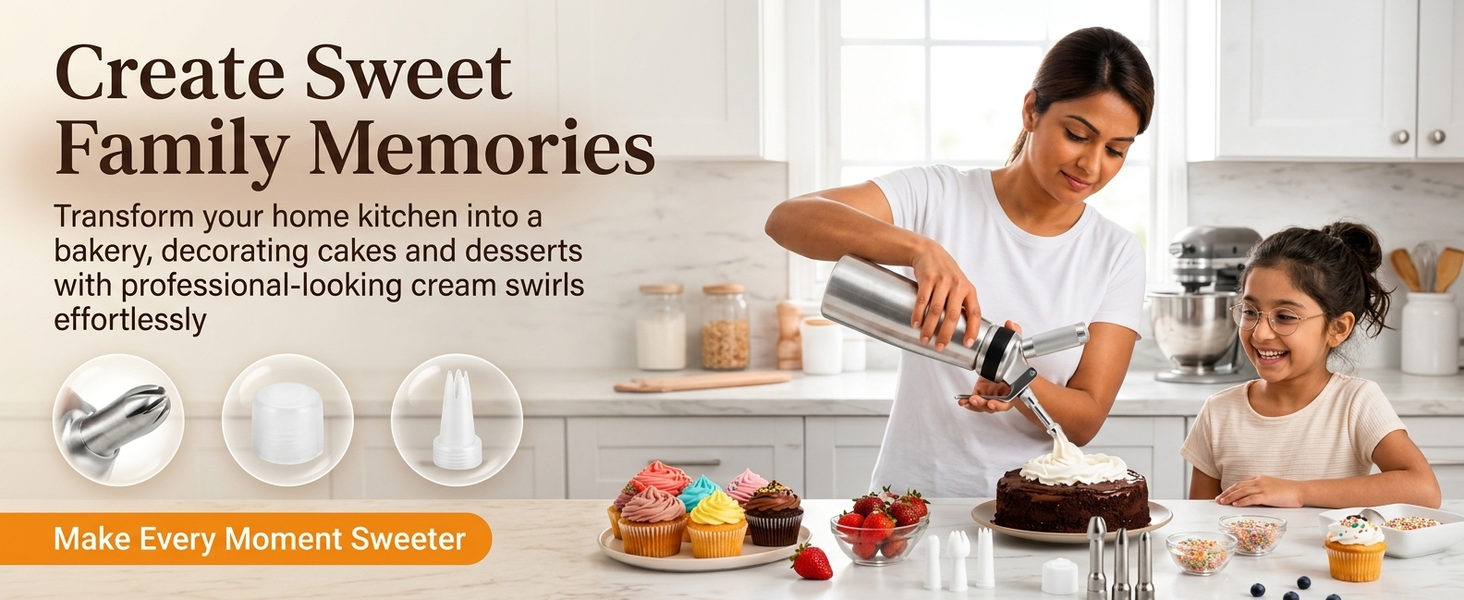 HASTHIP 500ml Whipped Cream Dispenser with 8 Decorating Nozzles and Cleaning Brush for Desserts