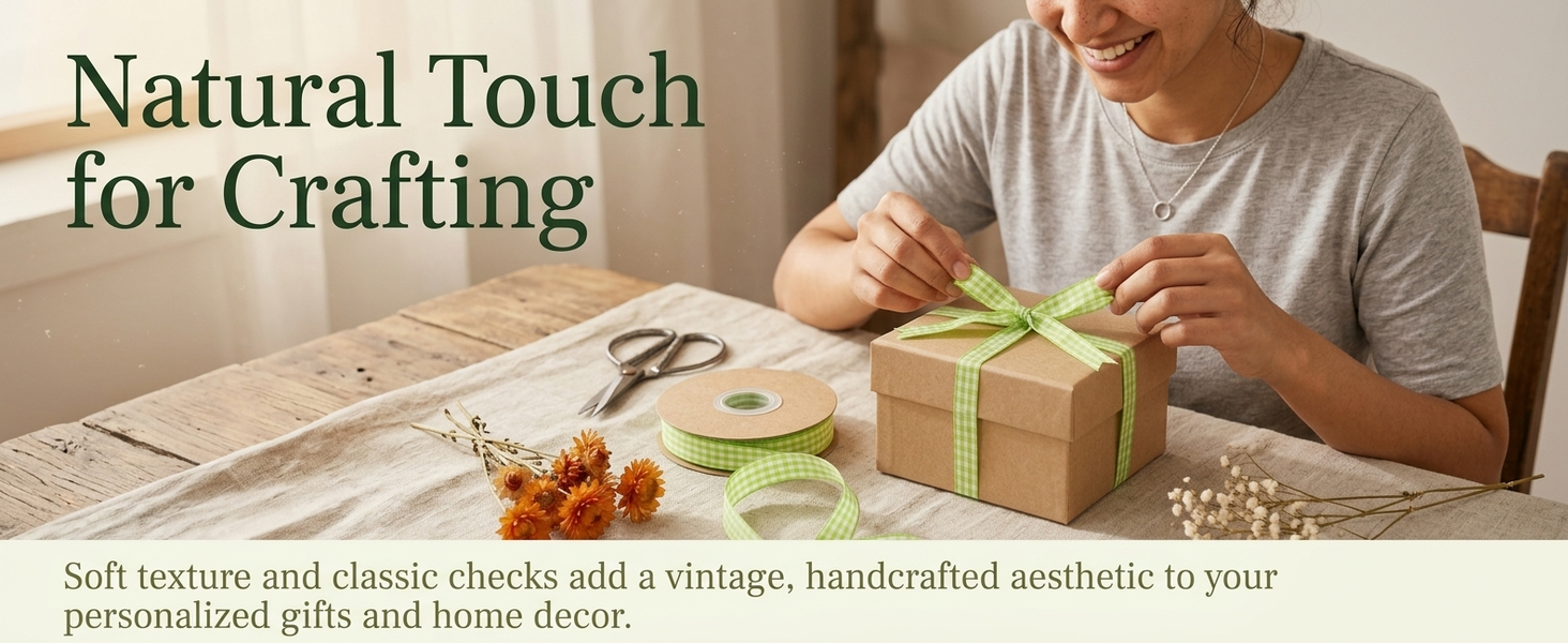 HASTHIP Sage Green Gingham Ribbon Set for Crafts, Gifts and Decorative Wrapping in Polyester