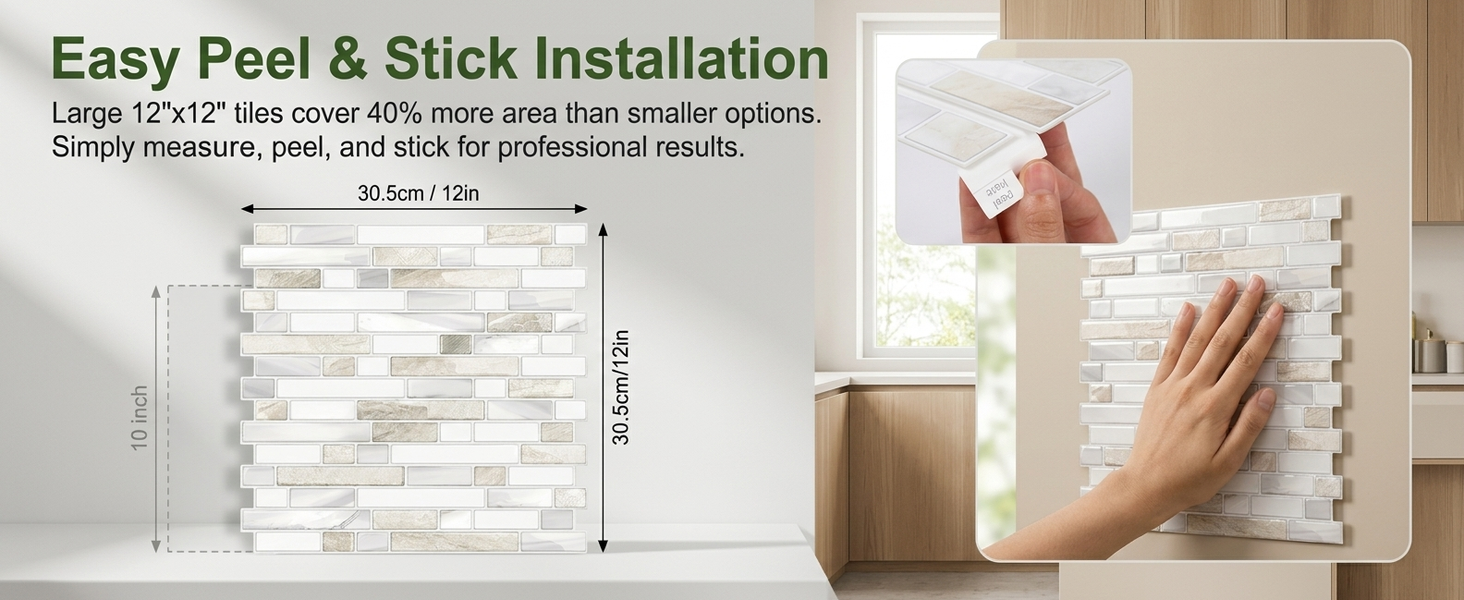 HASTHIP 10 Piece 3D Peel-and-Stick Tile Backsplash, 2mm to 2.5mm thick, beige and white