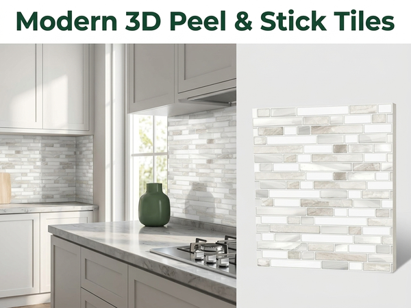 HASTHIP 10 Piece 3D Peel-and-Stick Tile Backsplash, 2mm to 2.5mm thick, beige and white