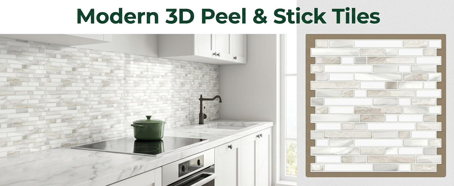 HASTHIP 10 Piece 3D Peel-and-Stick Tile Backsplash, 2mm to 2.5mm thick, beige and white