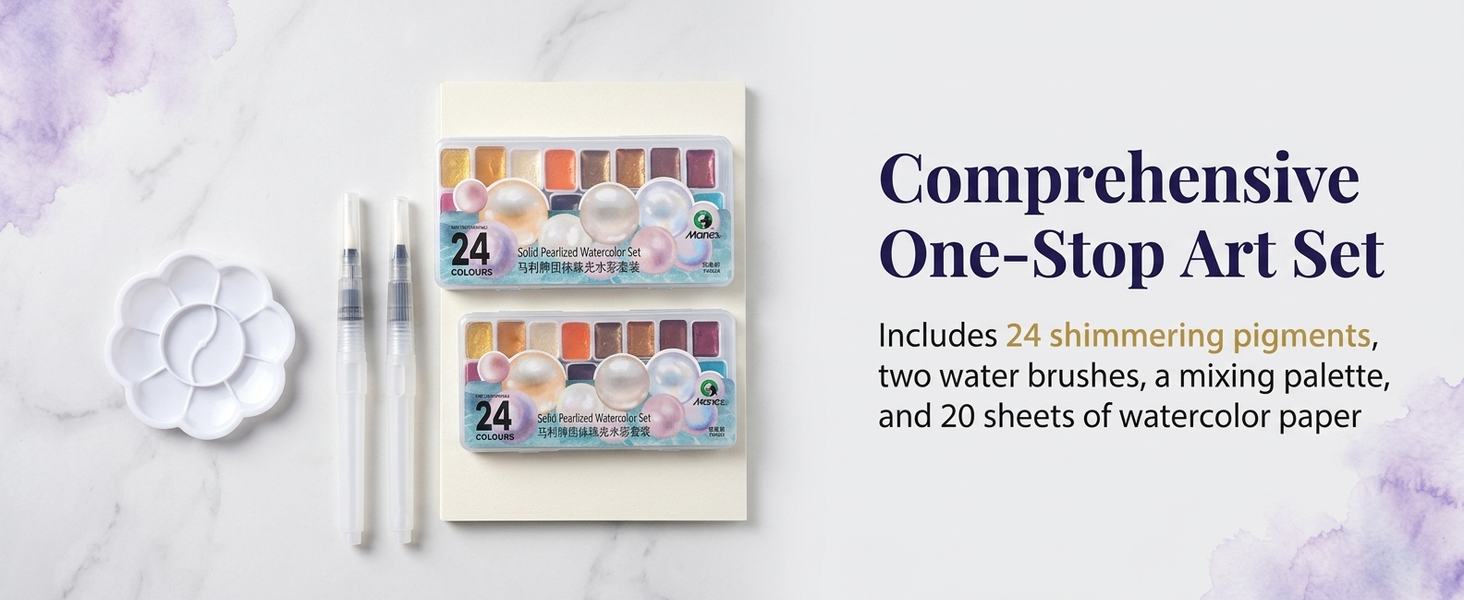 HASTHIP 24-Color Metallic Watercolor Paint Set with Brushes, Palette and Paper for Journaling