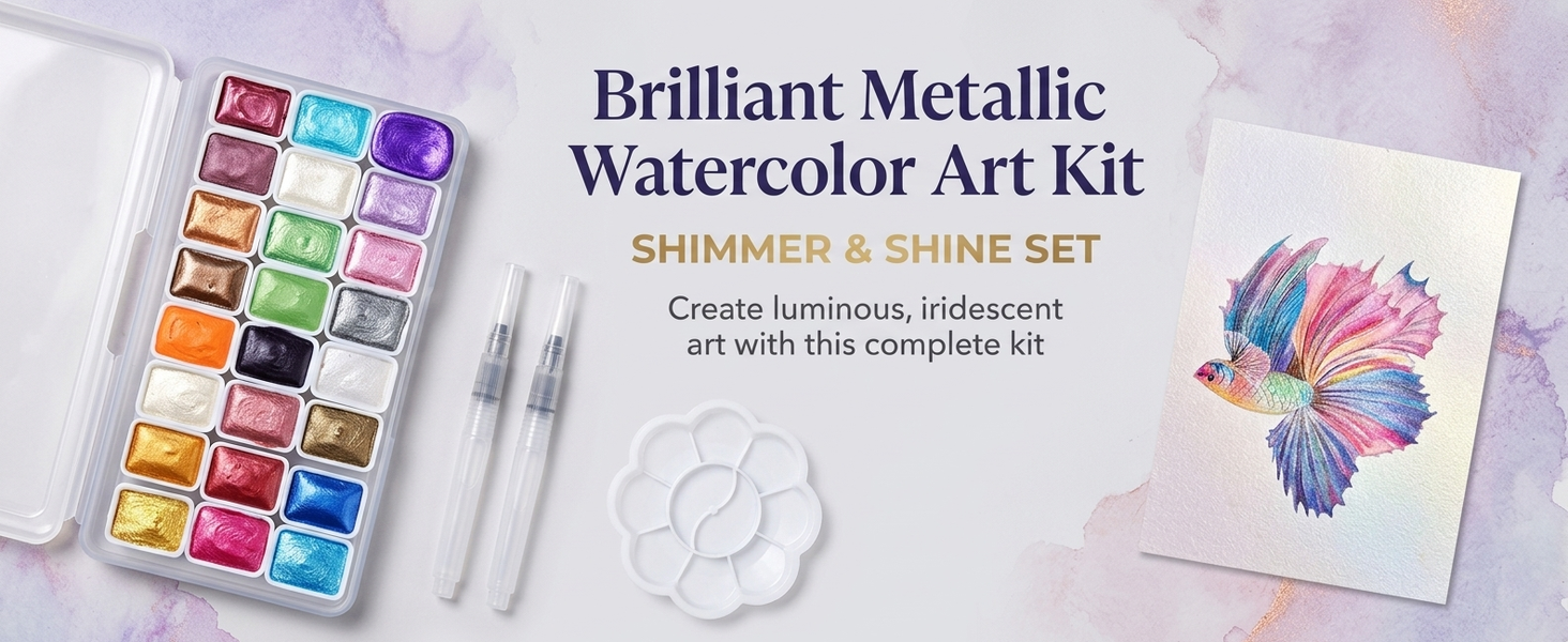 HASTHIP 24-Color Metallic Watercolor Paint Set with Brushes, Palette and Paper for Journaling