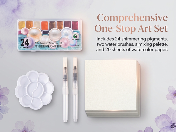 HASTHIP 24-Color Metallic Watercolor Paint Set with Brushes, Palette and Paper for Journaling