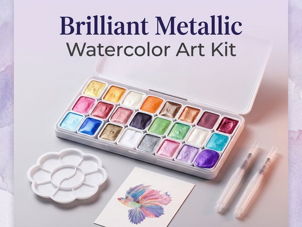 HASTHIP 24-Color Metallic Watercolor Paint Set with Brushes, Palette and Paper for Journaling