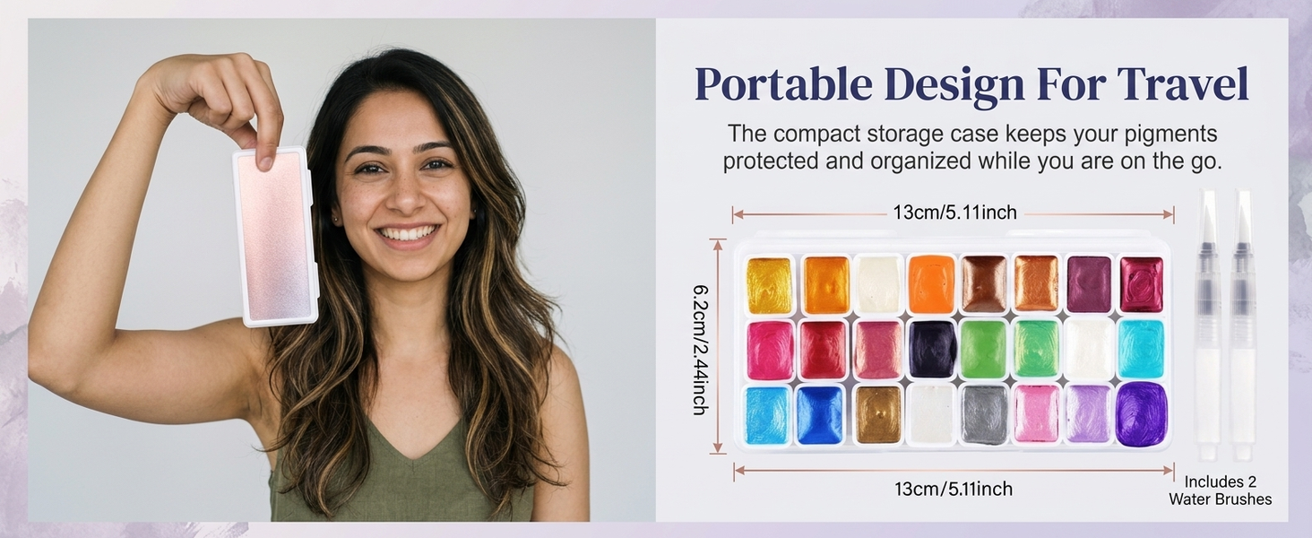 HASTHIP 24-Color Metallic Watercolor Paint Set with Brushes, Palette and Paper for Journaling