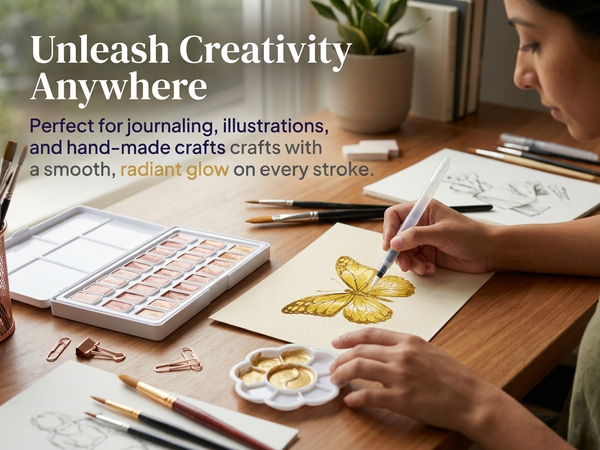 HASTHIP 24-Color Metallic Watercolor Paint Set with Brushes, Palette and Paper for Journaling
