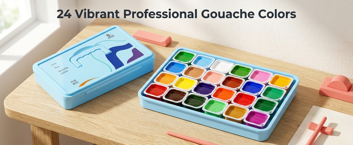 HASTHIP 24-Color Gouache Paint Set with 30 ml Jelly Cups and Portable Hard Case for Art Students