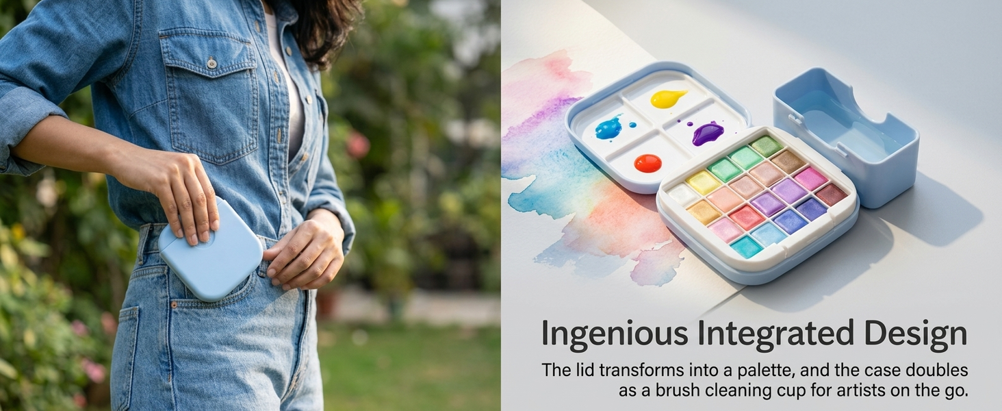 HASTHIP Mini Watercolor Paint Set, 16 Colors, Pocket Kit with 300GSM Cotton Paper and 4 Brushes