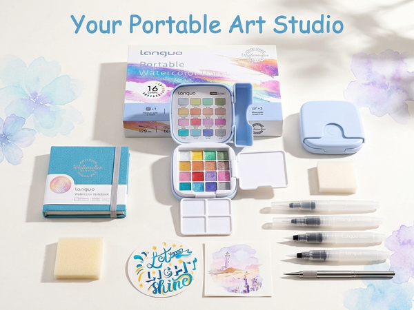 HASTHIP Mini Watercolor Paint Set, 16 Colors, Pocket Kit with 300GSM Cotton Paper and 4 Brushes