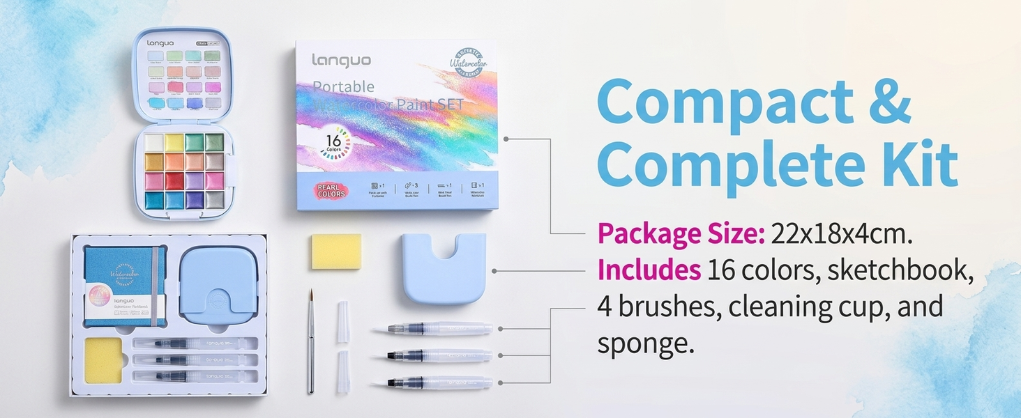 HASTHIP Mini Watercolor Paint Set, 16 Colors, Pocket Kit with 300GSM Cotton Paper and 4 Brushes