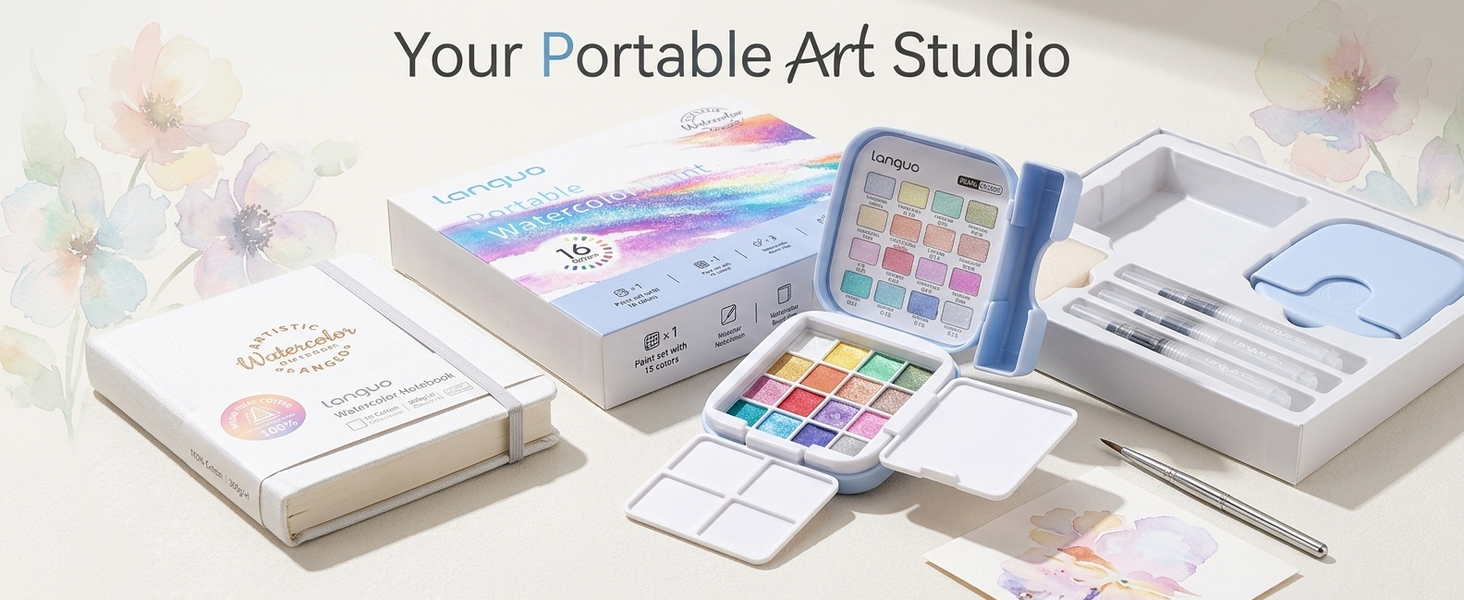 HASTHIP Mini Watercolor Paint Set, 16 Colors, Pocket Kit with 300GSM Cotton Paper and 4 Brushes