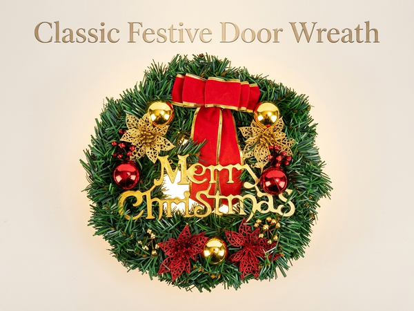 HASTHIP 30cm Artificial Christmas Wreath with Green Foliage and Stable Iron Ring, Tool-Free Hanging