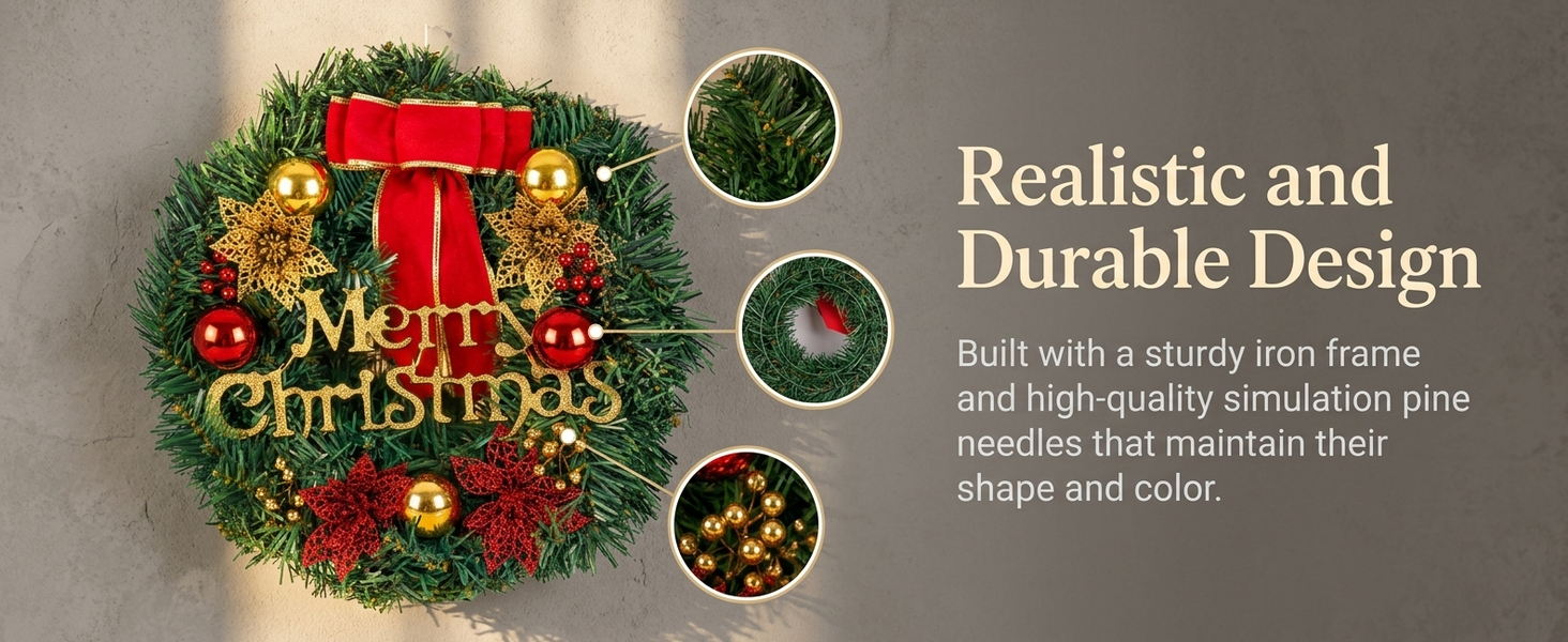 HASTHIP 30cm Artificial Christmas Wreath with Green Foliage and Stable Iron Ring, Tool-Free Hanging