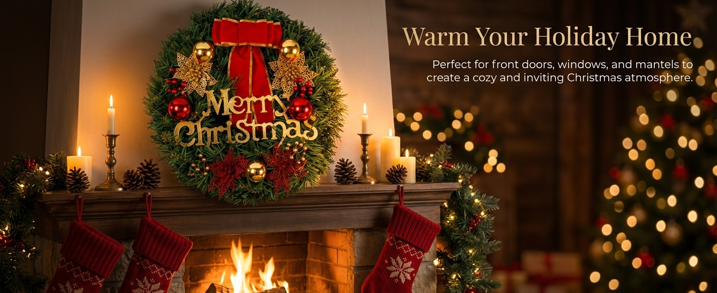 HASTHIP 30cm Artificial Christmas Wreath with Green Foliage and Stable Iron Ring, Tool-Free Hanging