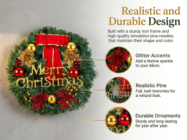 HASTHIP 30cm Artificial Christmas Wreath with Green Foliage and Stable Iron Ring, Tool-Free Hanging