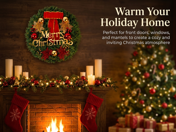 HASTHIP 30cm Artificial Christmas Wreath with Green Foliage and Stable Iron Ring, Tool-Free Hanging