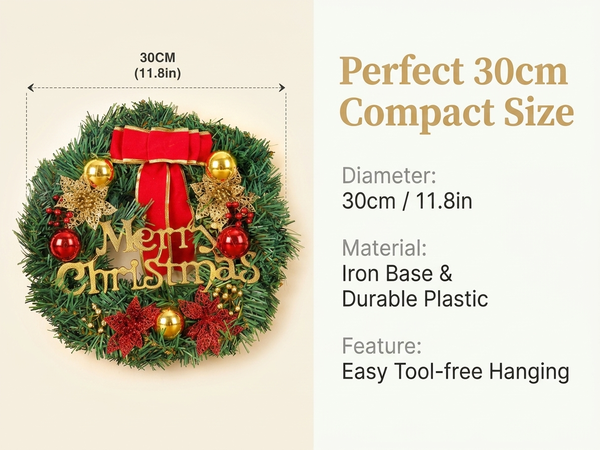 HASTHIP 30cm Artificial Christmas Wreath with Green Foliage and Stable Iron Ring, Tool-Free Hanging