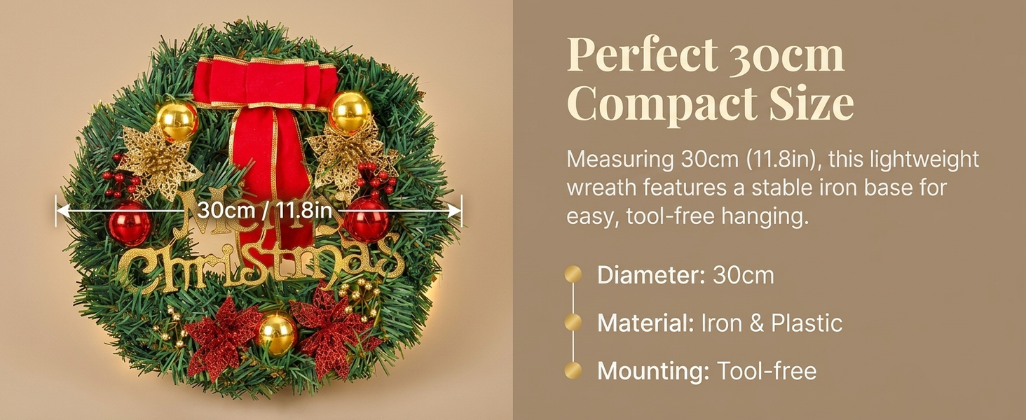 HASTHIP 30cm Artificial Christmas Wreath with Green Foliage and Stable Iron Ring, Tool-Free Hanging