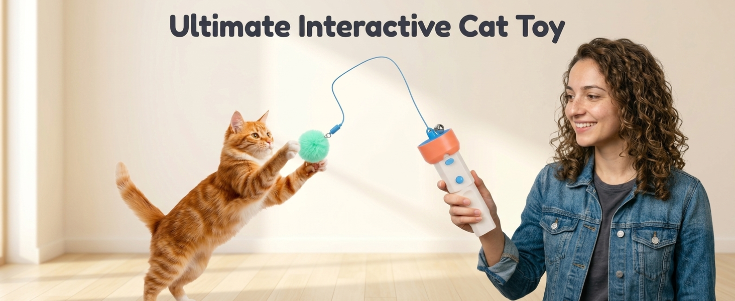 Qpets Automatic Cat Teaser Launcher with 2.2m Retractable String and Replaceable Teasers