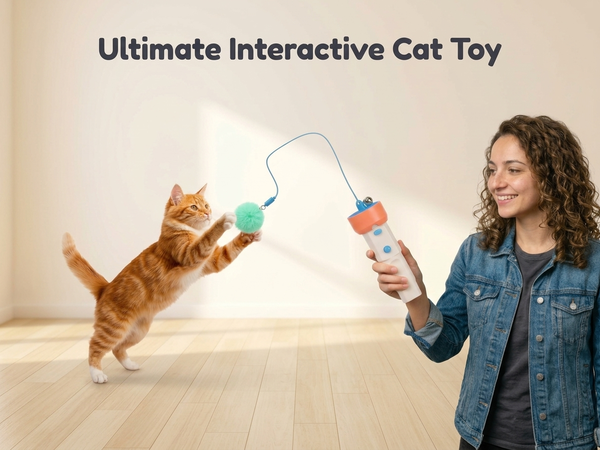 Qpets Automatic Cat Teaser Launcher with 2.2m Retractable String and Replaceable Teasers