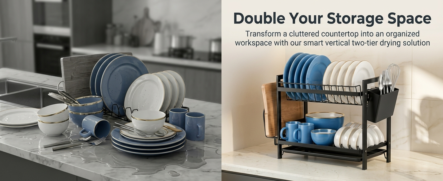 HASTHIP 2-Tier Dish Drying Rack with Removable Drainer Tray and Carbon Steel Frame