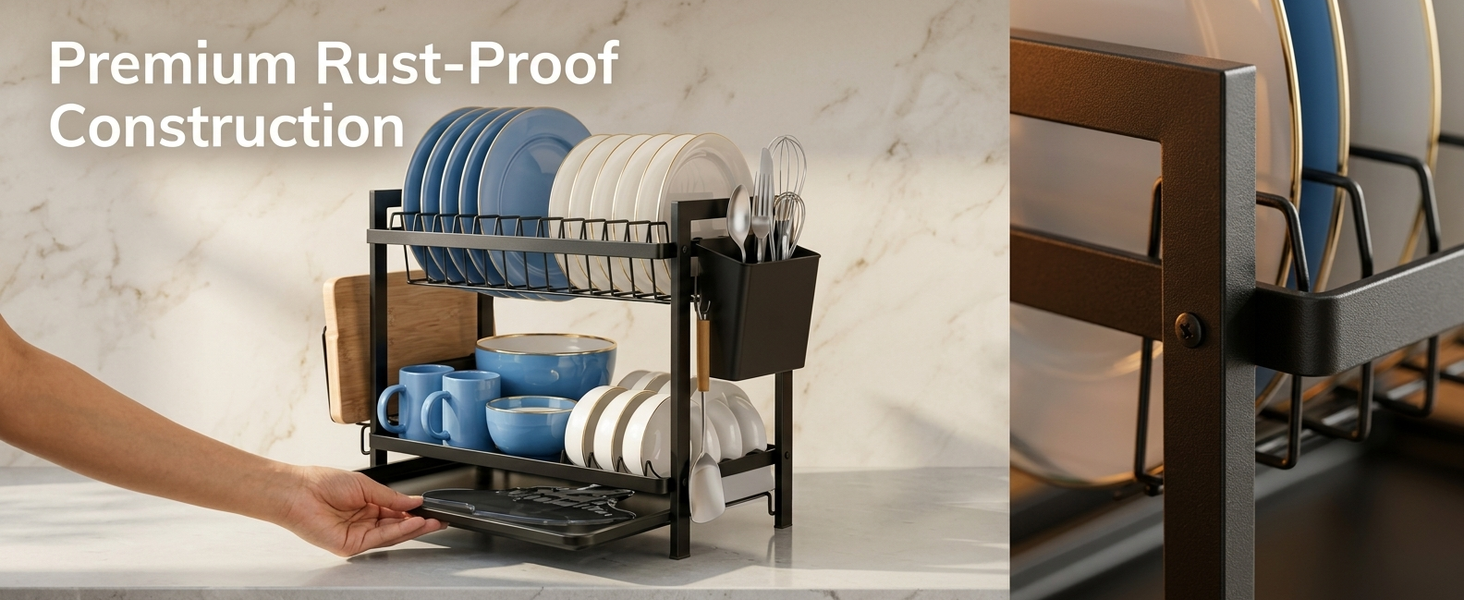 HASTHIP 2-Tier Dish Drying Rack with Removable Drainer Tray and Carbon Steel Frame