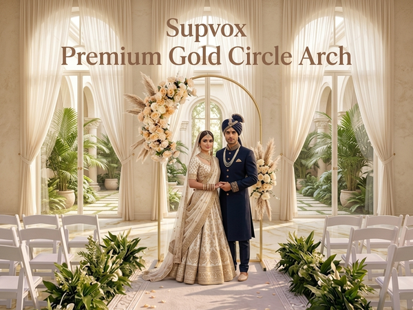 HASTHIP Round Backdrop Stand Gold Metal Circle Arch Stable Rectangular Base and Snap Fit