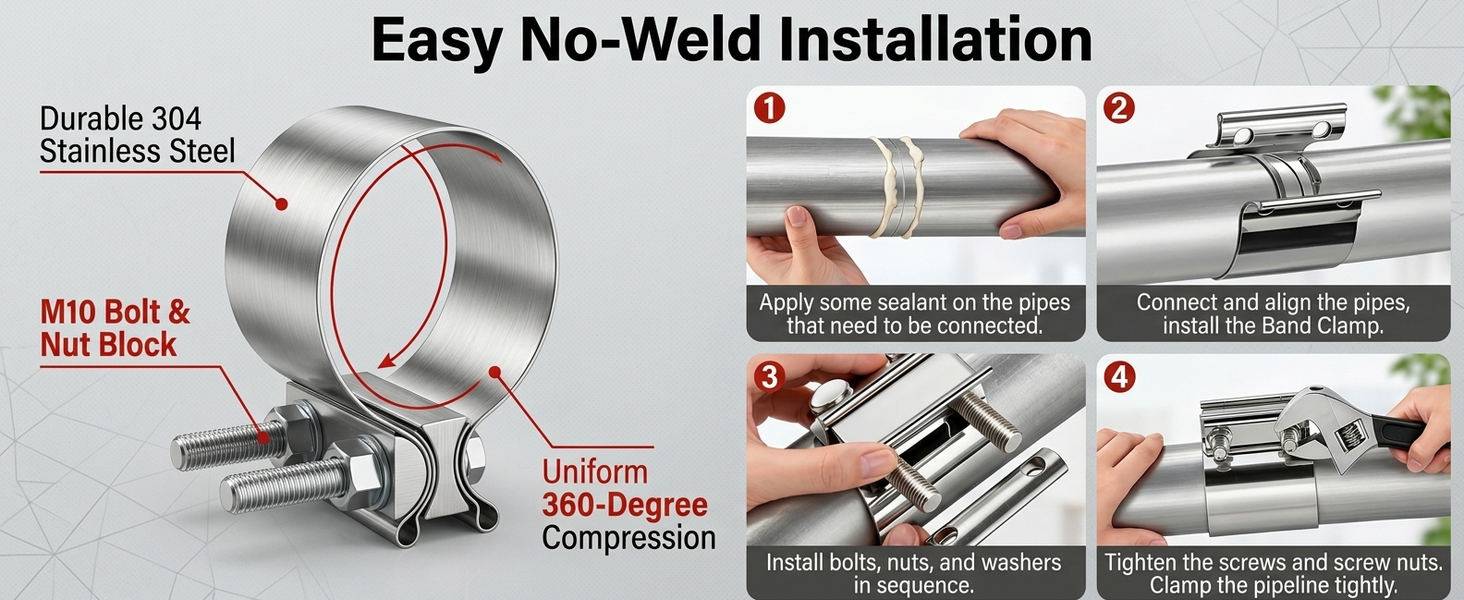 HASTHIP 2.0 Inch Stainless Steel Butt Joint Band Exhaust Clamp for Bolt-On Pipe Repairs