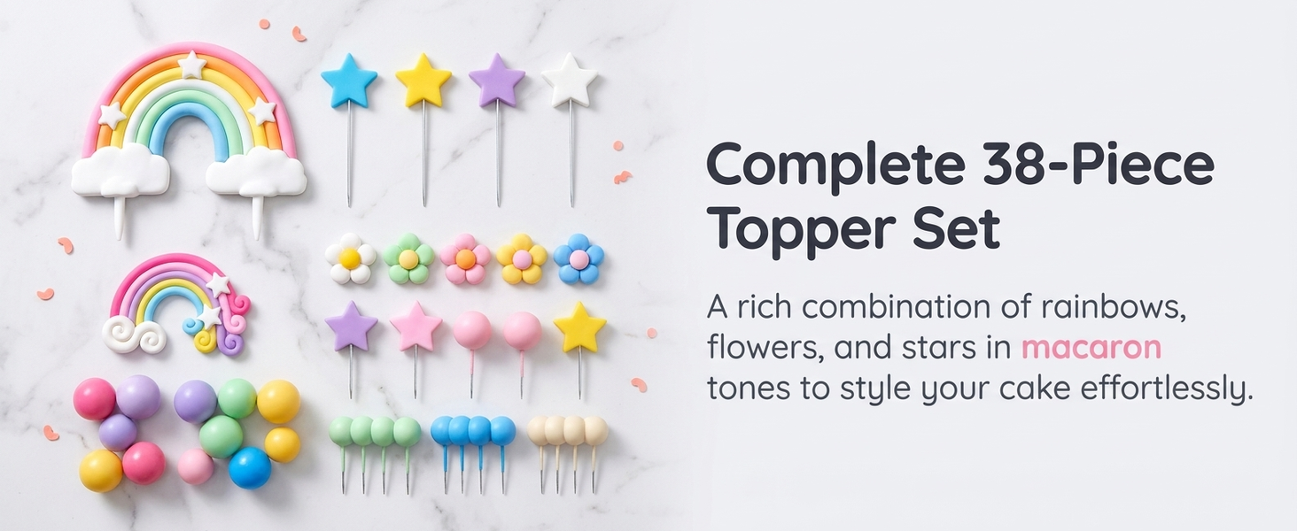 HASTHIP 38Pcs Rainbow Cake Topper Pastel Boho Party Decorations Pastel Stars Clouds