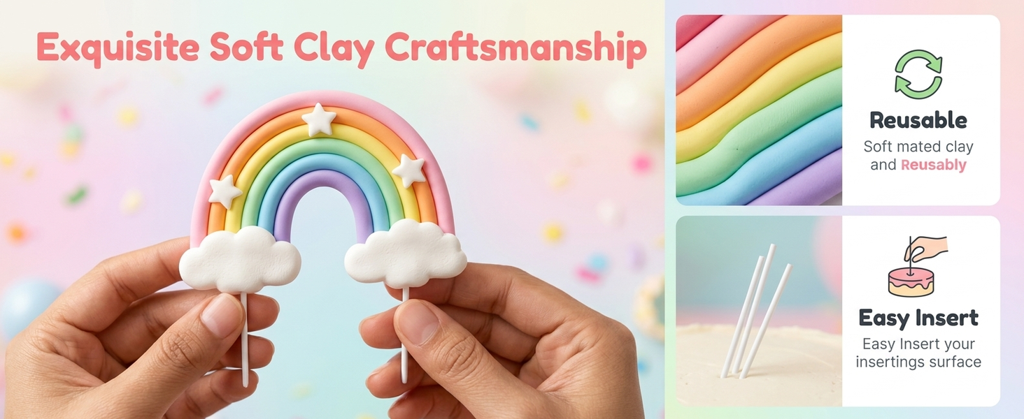HASTHIP 38Pcs Rainbow Cake Topper Pastel Boho Party Decorations Pastel Stars Clouds