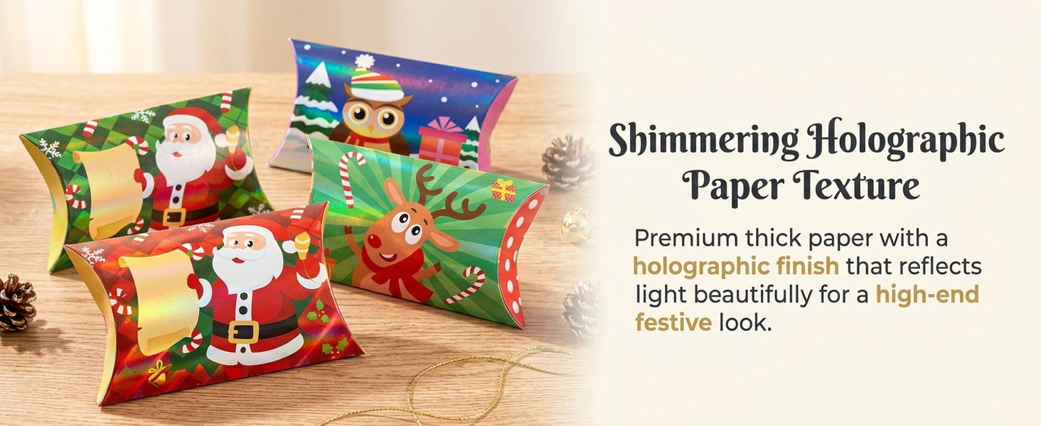 HASTHIP 36-Piece Christmas Pillow Boxes with Holographic Paper and 66 Feet of Gold Twine