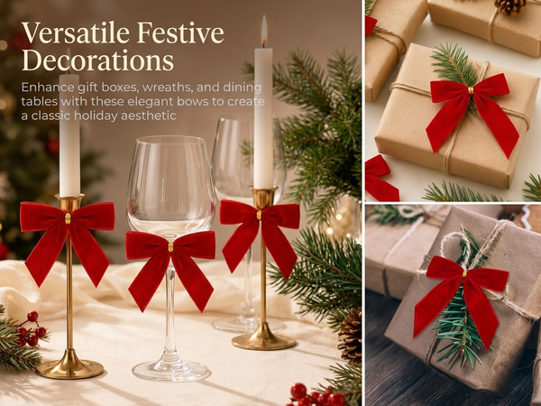 HASTHIP 24-Piece Red Velvet Christmas Bow Ornaments with Golden Tie Wires for Holiday Decorating