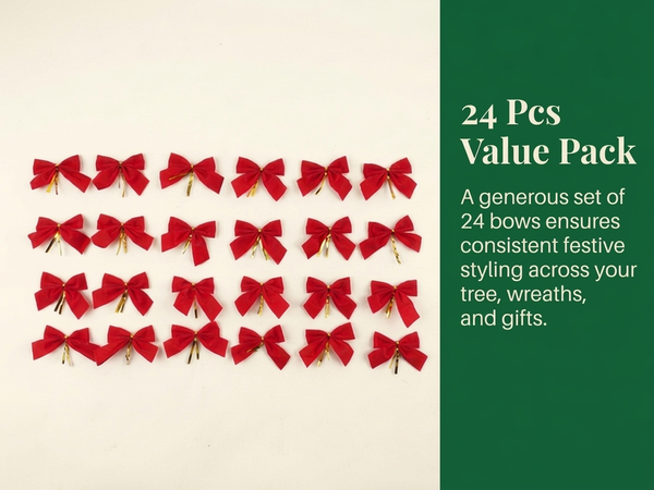 HASTHIP 24-Piece Red Velvet Christmas Bow Ornaments with Golden Tie Wires for Holiday Decorating